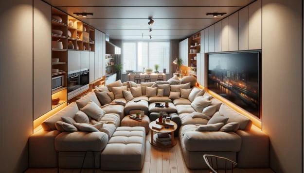 DALL·E 2024-02-21 11.00.23 – An extremely cramped living room where the stylish furniture is squeezed even closer together, leaving almost no space between pieces. The large flat-