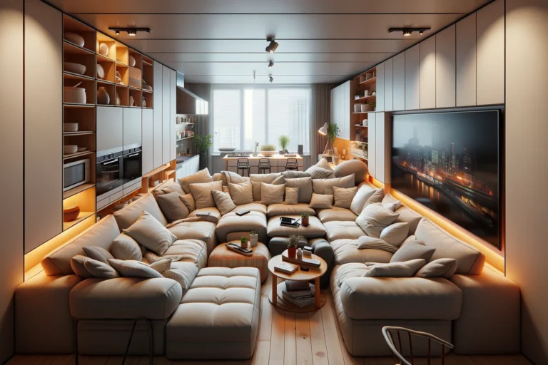 DALL·E 2024-02-21 11.00.23 – An extremely cramped living room where the stylish furniture is squeezed even closer together, leaving almost no space between pieces. The large flat-