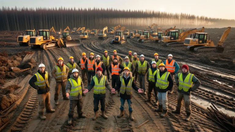 DALL·E 2024-03-06 10.10.01 – A group of construction workers, equipped with heavy machinery, stand with puzzled expressions in front of a recently cleared forest area. They are ho