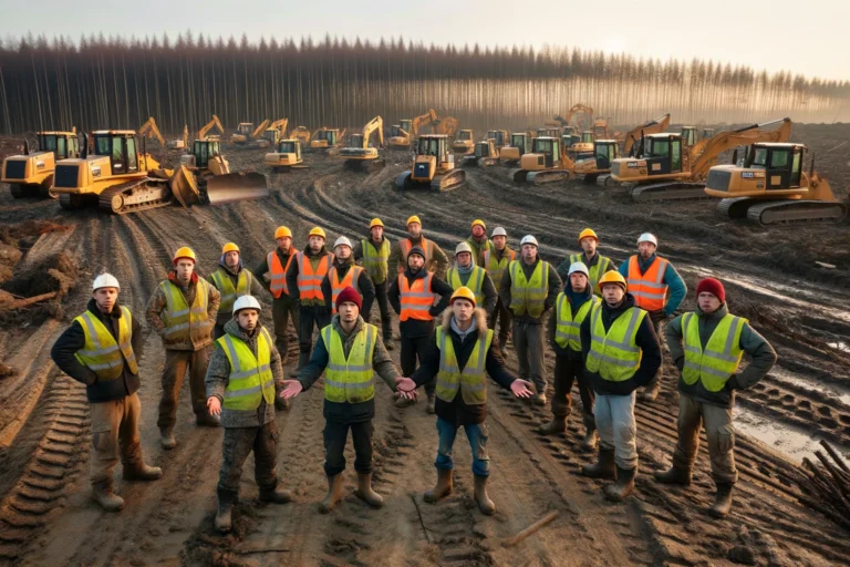 DALL·E 2024-03-06 10.10.01 – A group of construction workers, equipped with heavy machinery, stand with puzzled expressions in front of a recently cleared forest area. They are ho