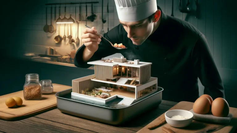 DALL·E 2024-04-18 10.44.38 – A top chef dressed in black is tasting a dish from a pan. Inside the pan, there is a detailed model of a house inspired by modernist architecture with