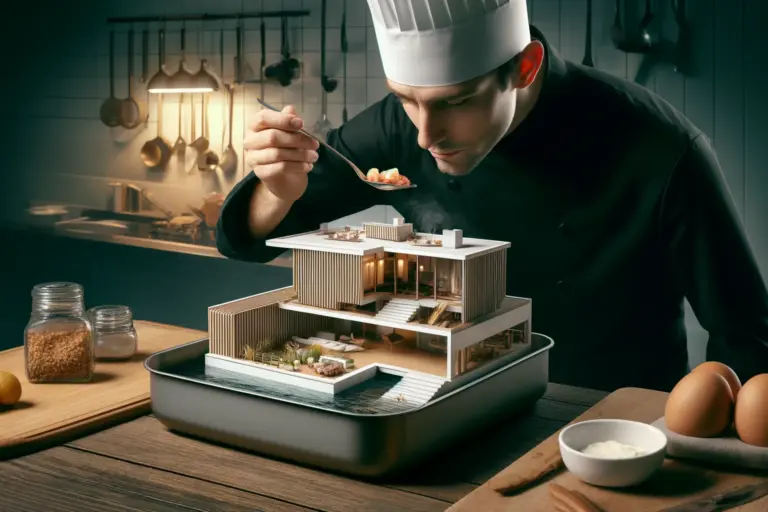 DALL·E 2024-04-18 10.44.38 – A top chef dressed in black is tasting a dish from a pan. Inside the pan, there is a detailed model of a house inspired by modernist architecture with